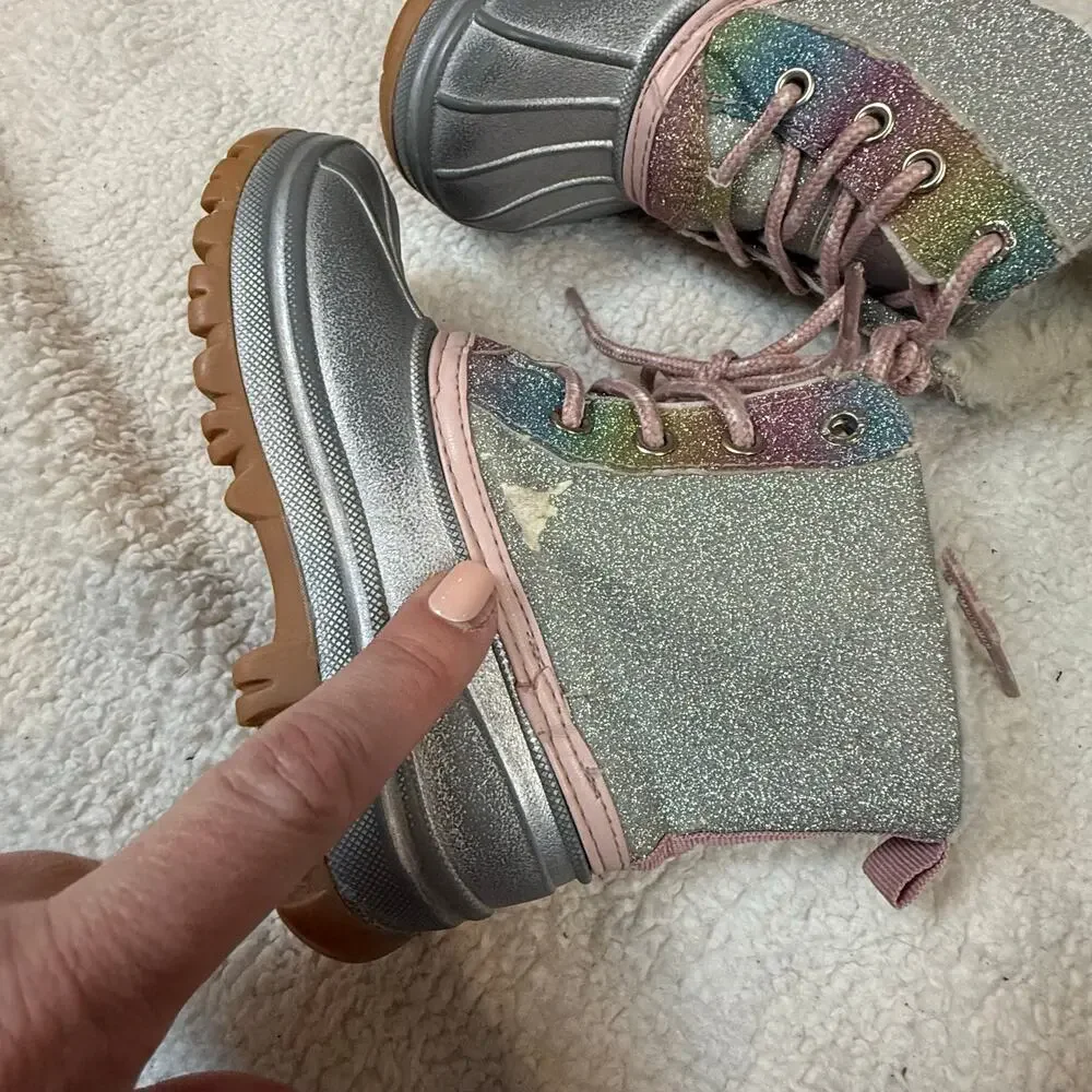 Juicy Couture Silver Glitter Rainbow Snow Winter Boots Girls Toddler 10 Faux Fur